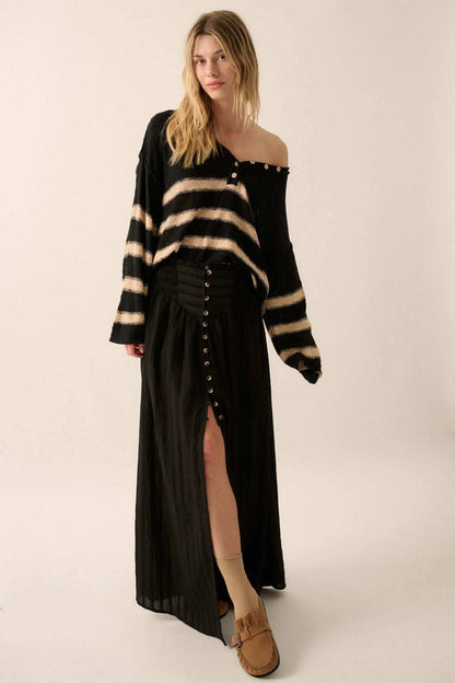 Starting Now Tonal-Stripe Button-Front Maxi Skirt