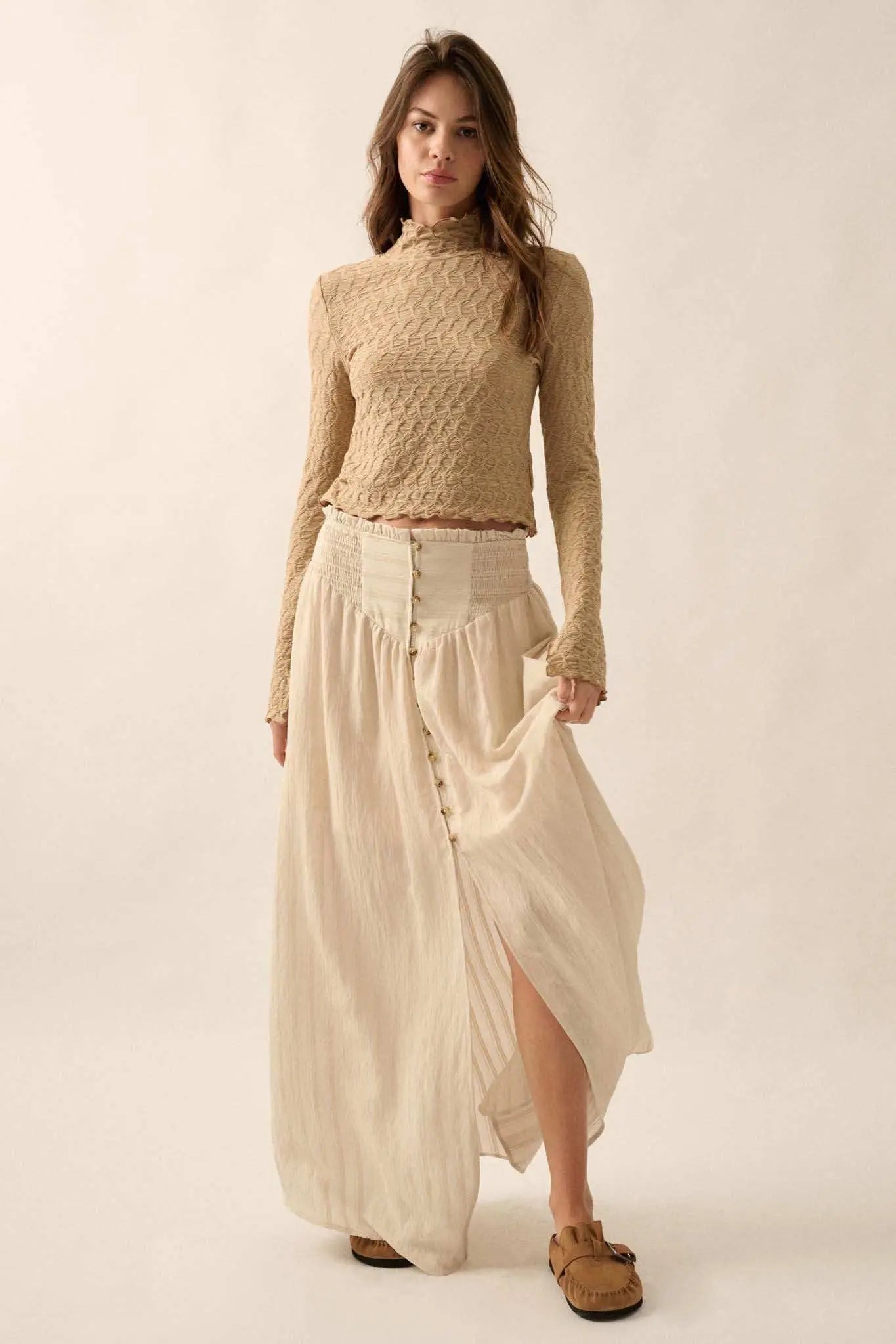 Starting Now Tonal-Stripe Button-Front Maxi Skirt