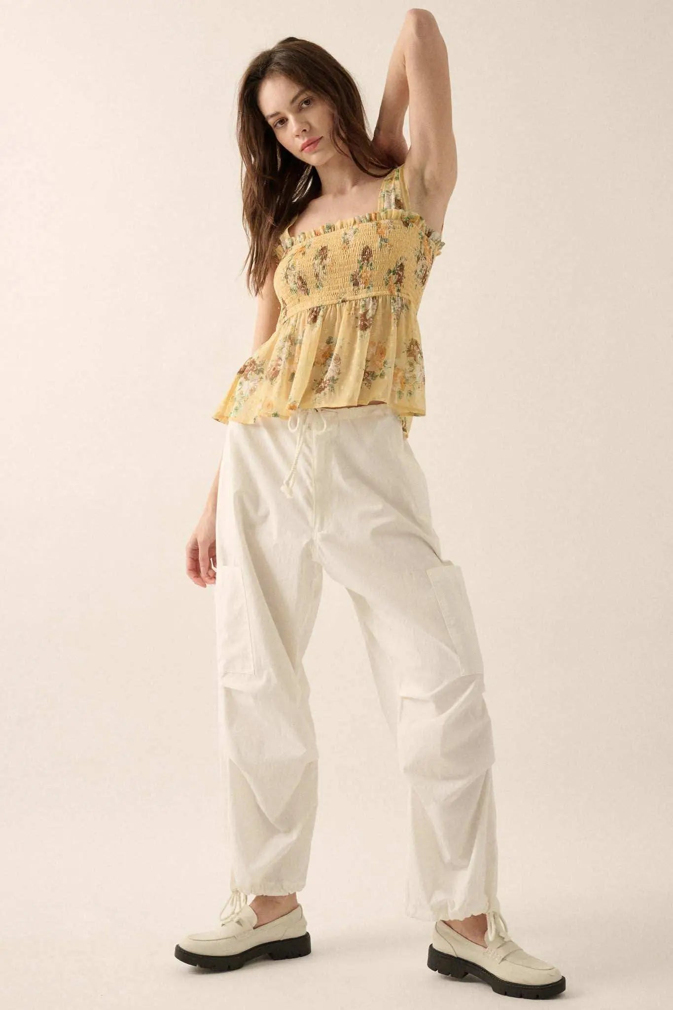 Sunlit Blooms Smocked Floral Chiffon Babydoll Top