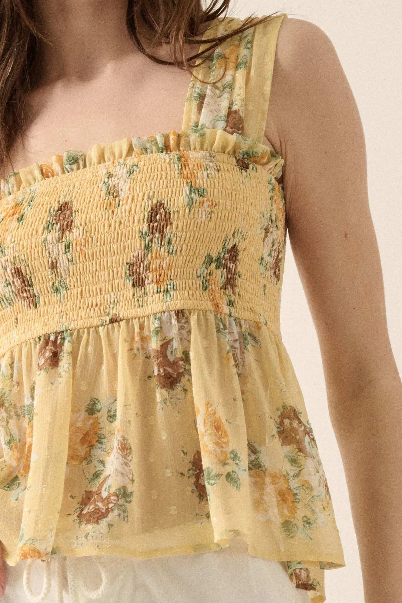 Sunlit Blooms Smocked Floral Chiffon Babydoll Top