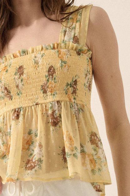 Sunlit Blooms Smocked Floral Chiffon Babydoll Top