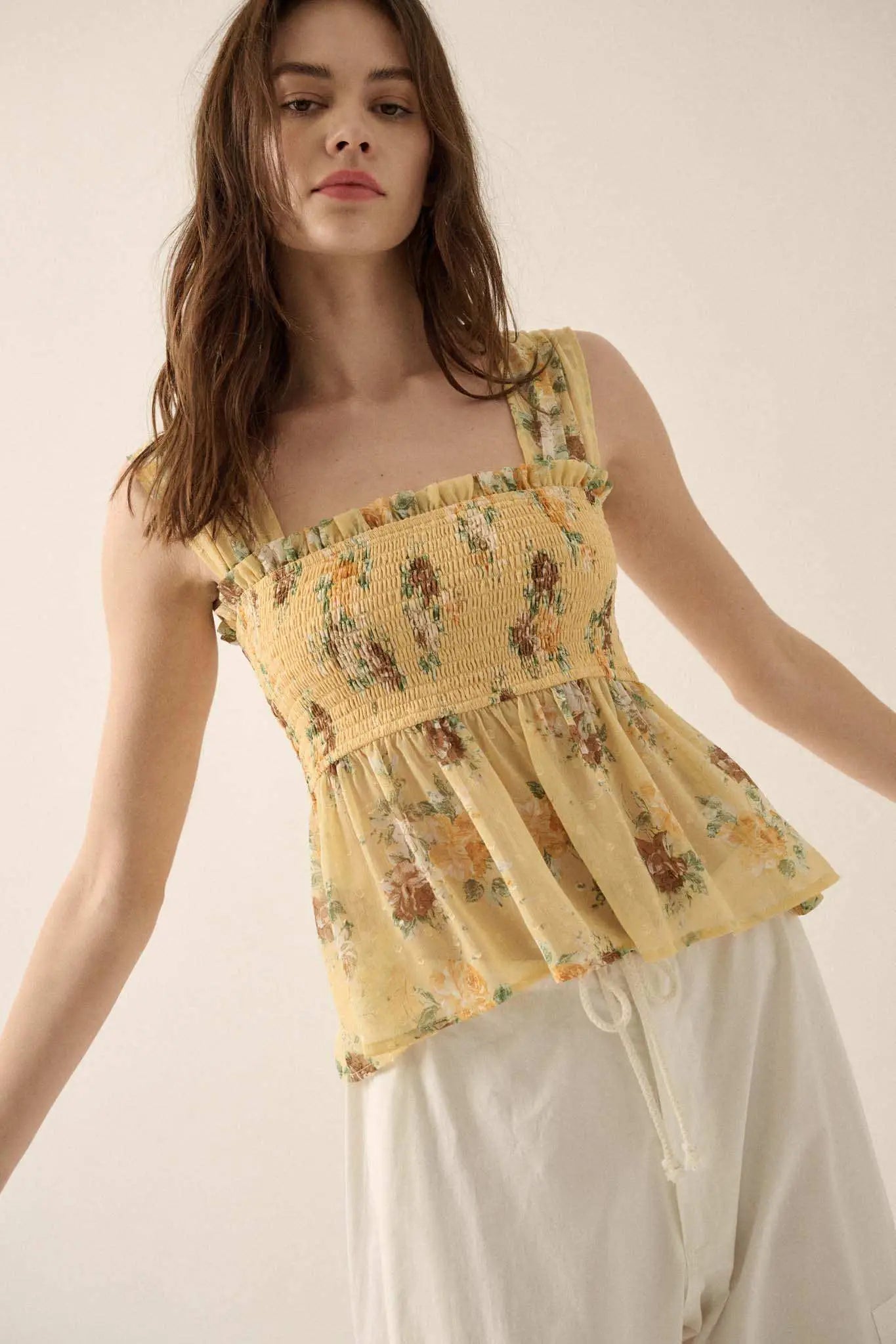 Sunlit Blooms Smocked Floral Chiffon Babydoll Top