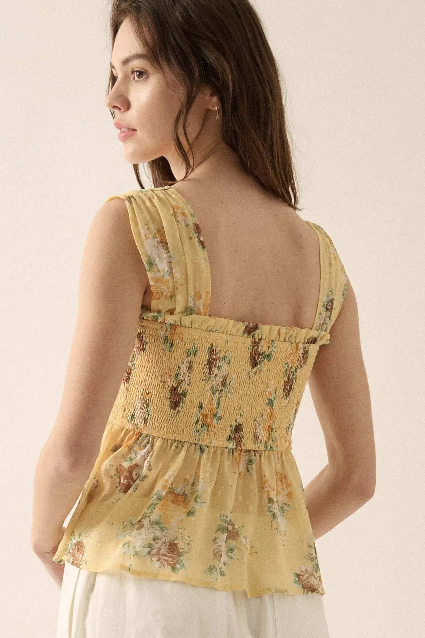 Sunlit Blooms Smocked Floral Chiffon Babydoll Top