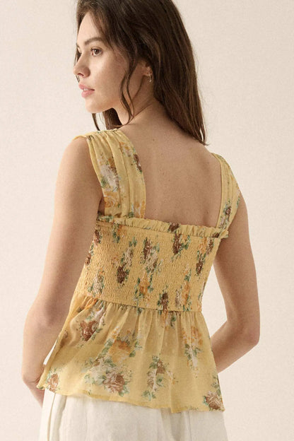 Sunlit Blooms Smocked Floral Chiffon Babydoll Top