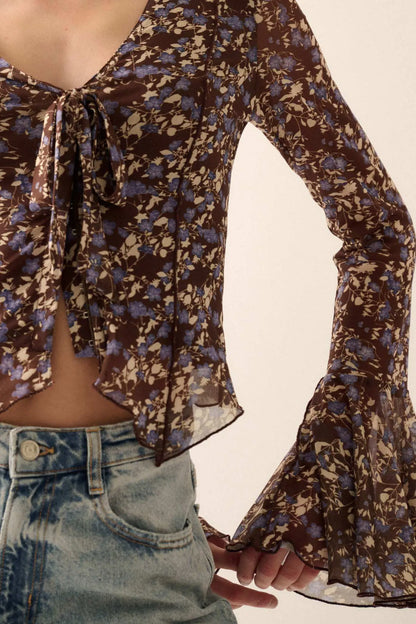 Sweet Violets Floral-Print Mesh Bell-Sleeve Top