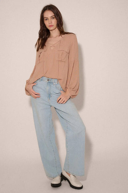True Nature Balloon-Sleeve Pocket Peasant Top