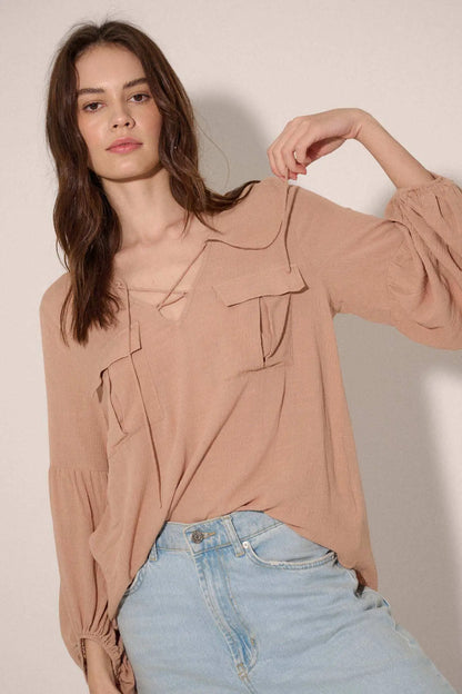 True Nature Balloon-Sleeve Pocket Peasant Top