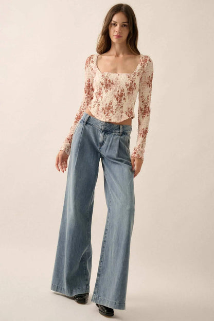 Wildflower Heart Smocked Floral-Print Corset Top