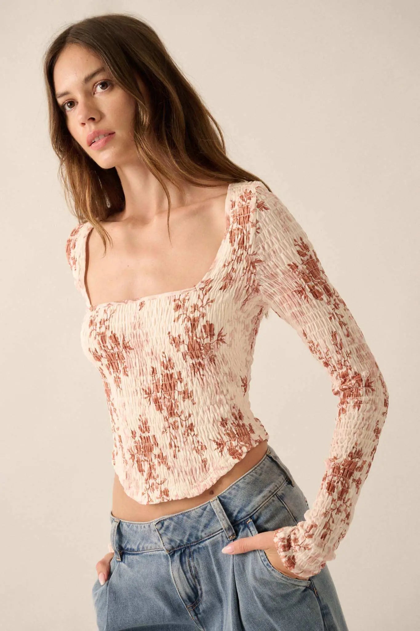 Wildflower Heart Smocked Floral-Print Corset Top