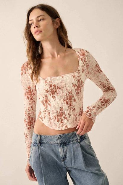 Wildflower Heart Smocked Floral-Print Corset Top