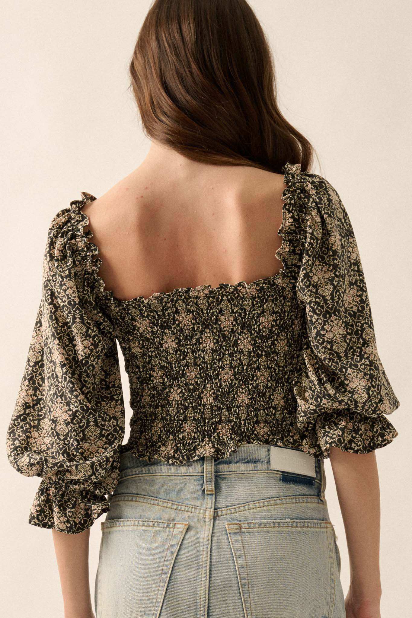 Timeless Beauty Ornate Floral Cropped Peasant Top