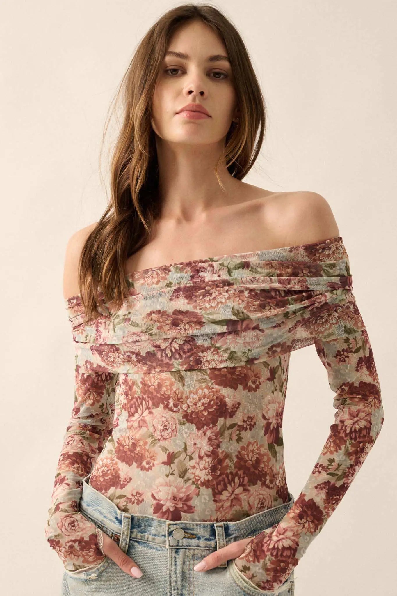 Tender Petals Floral Mesh Foldover Bodysuit