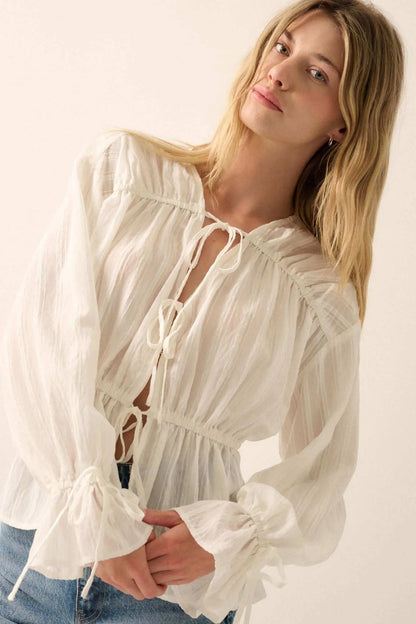 Treasured Beauty Tonal-Stripe Tie-Front Blouse
