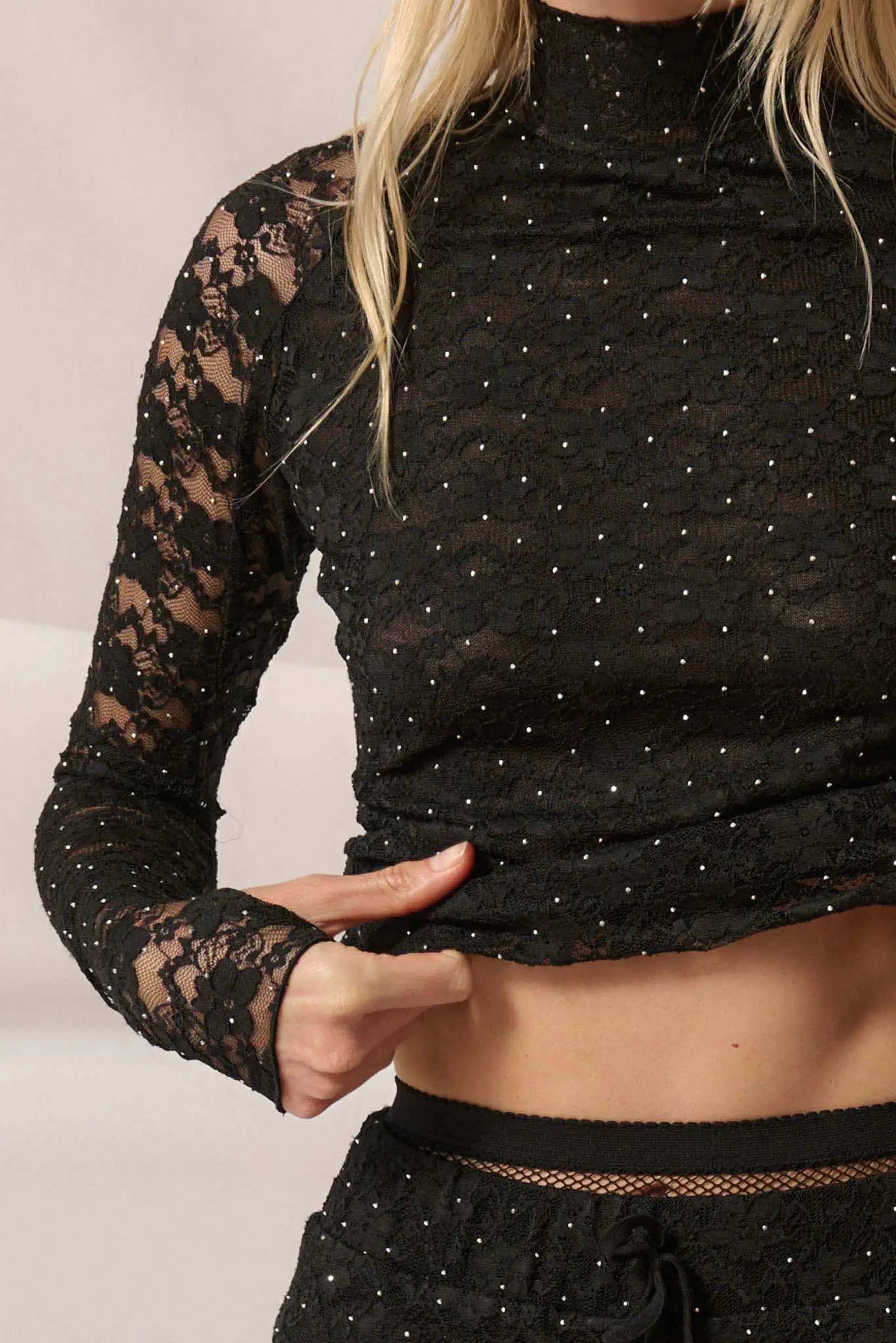 Starry Eyed Studded Floral Lace Mock-Neck Top