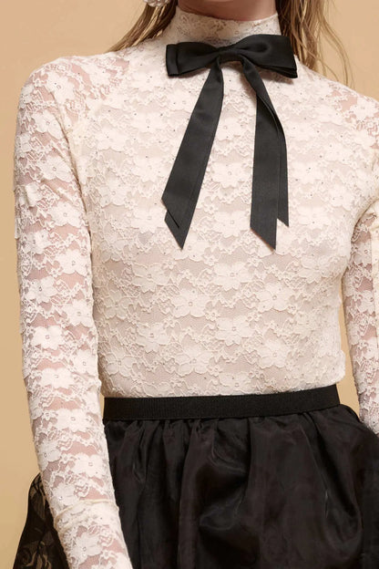 Starry Eyed Studded Floral Lace Mock-Neck Top