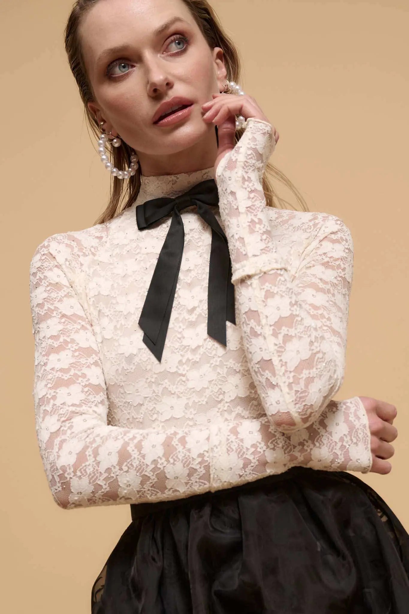 Starry Eyed Studded Floral Lace Mock-Neck Top