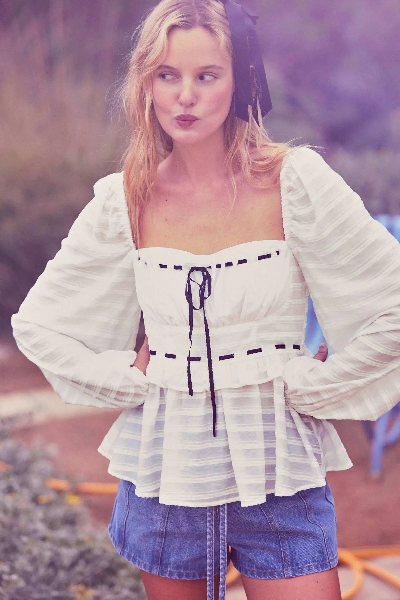 Sweet Infatuation Striped Ribbon-Trim Peasant Top