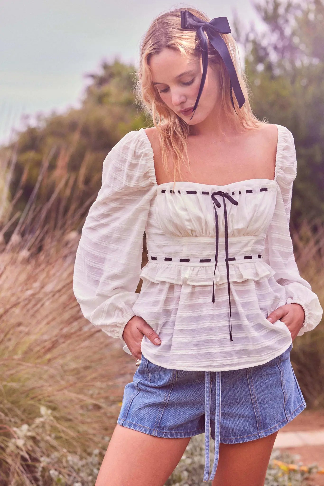 Sweet Infatuation Striped Ribbon-Trim Peasant Top