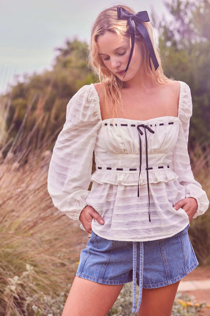 Sweet Infatuation Striped Ribbon-Trim Peasant Top
