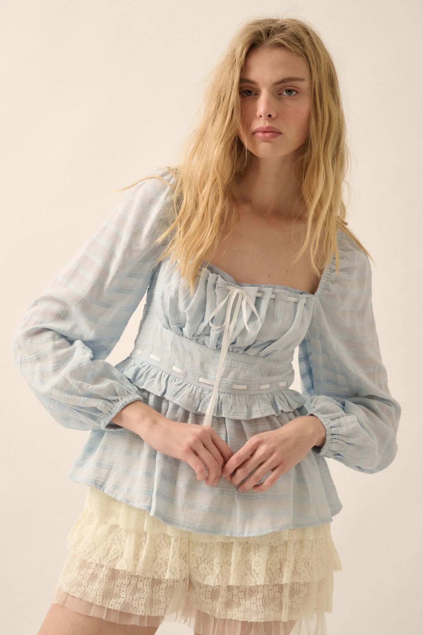 Sweet Infatuation Striped Ribbon-Trim Peasant Top