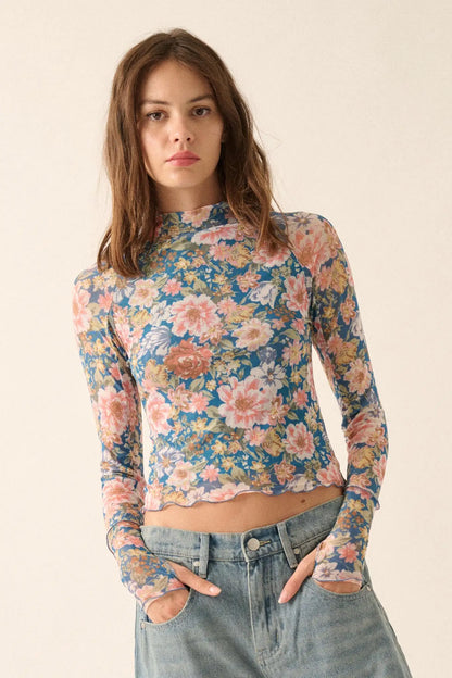 Wild Blooms Floral Mesh Mock-Neck Thumbhole Top