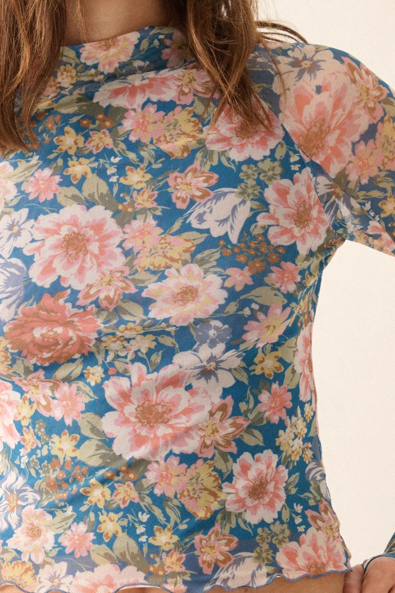 Wild Blooms Floral Mesh Mock-Neck Thumbhole Top