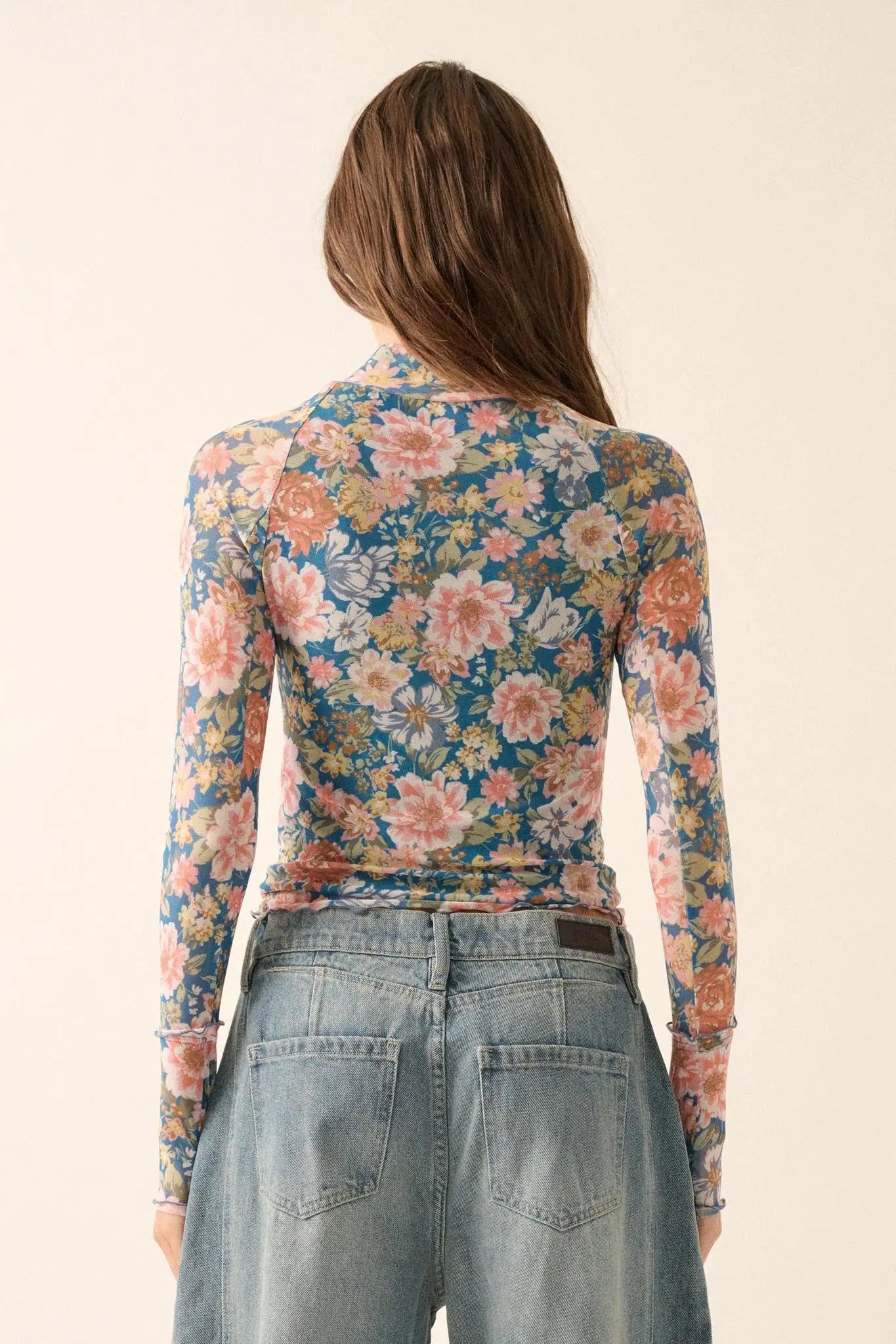 Wild Blooms Floral Mesh Mock-Neck Thumbhole Top