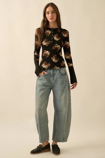Sweet Harmony Floral Honeycomb Mesh Henley Top