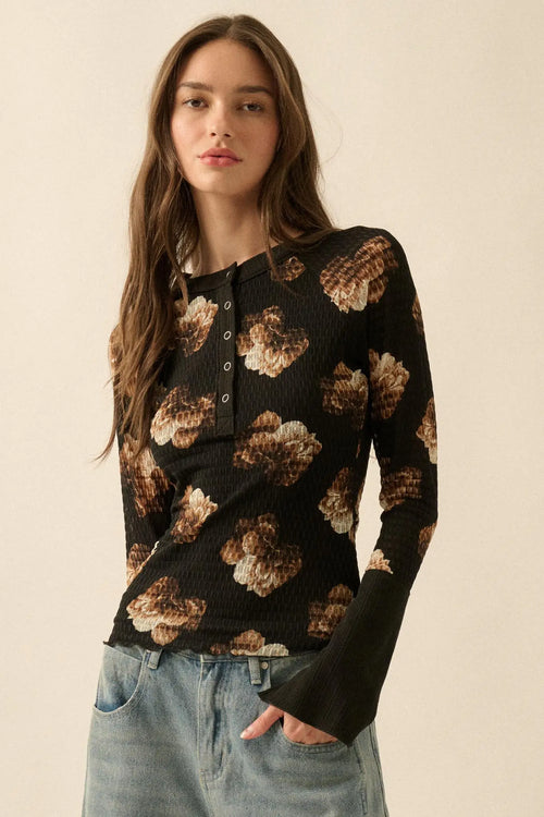 Sweet Harmony Floral Honeycomb Mesh Henley Top