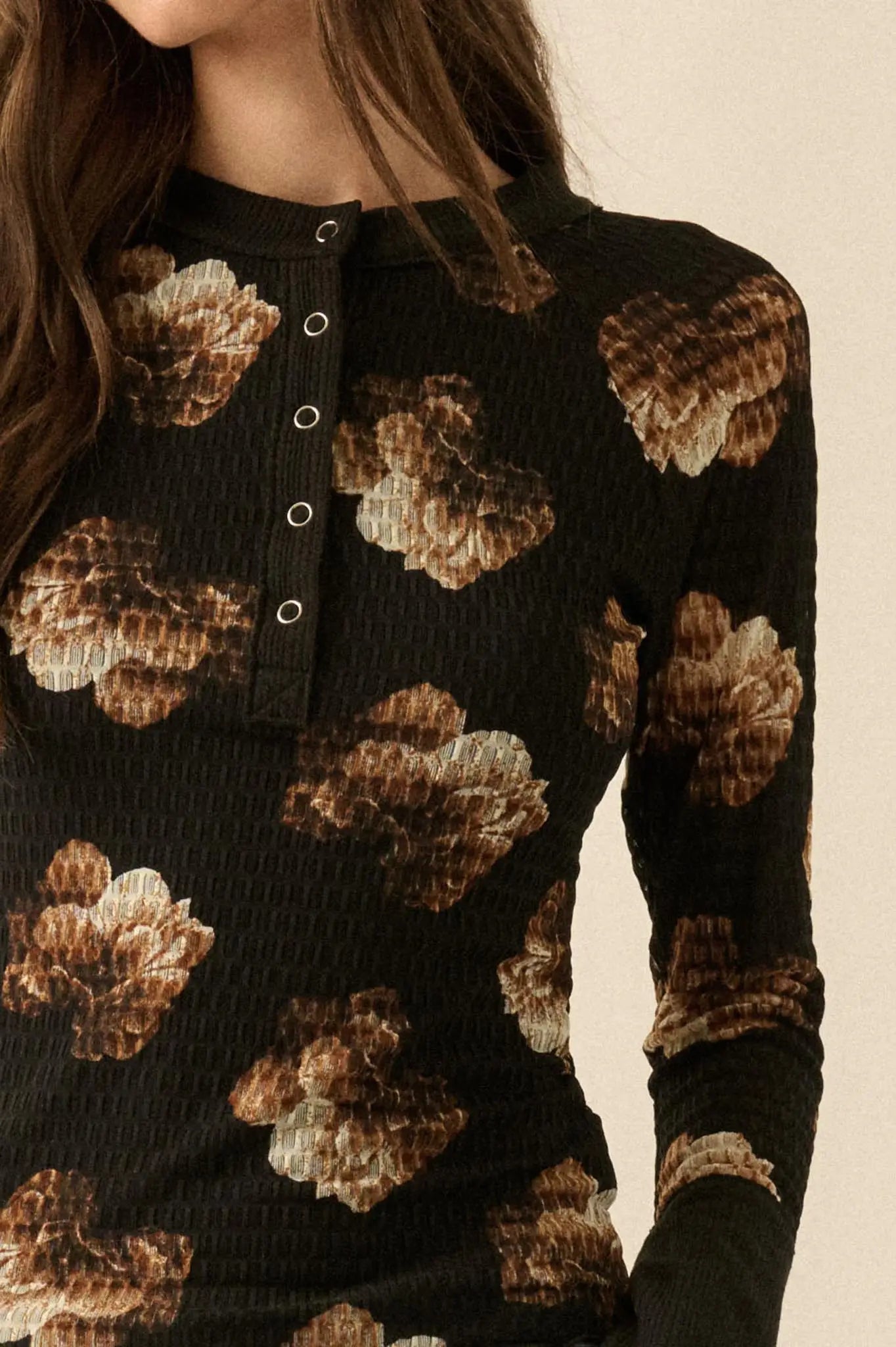 Sweet Harmony Floral Honeycomb Mesh Henley Top