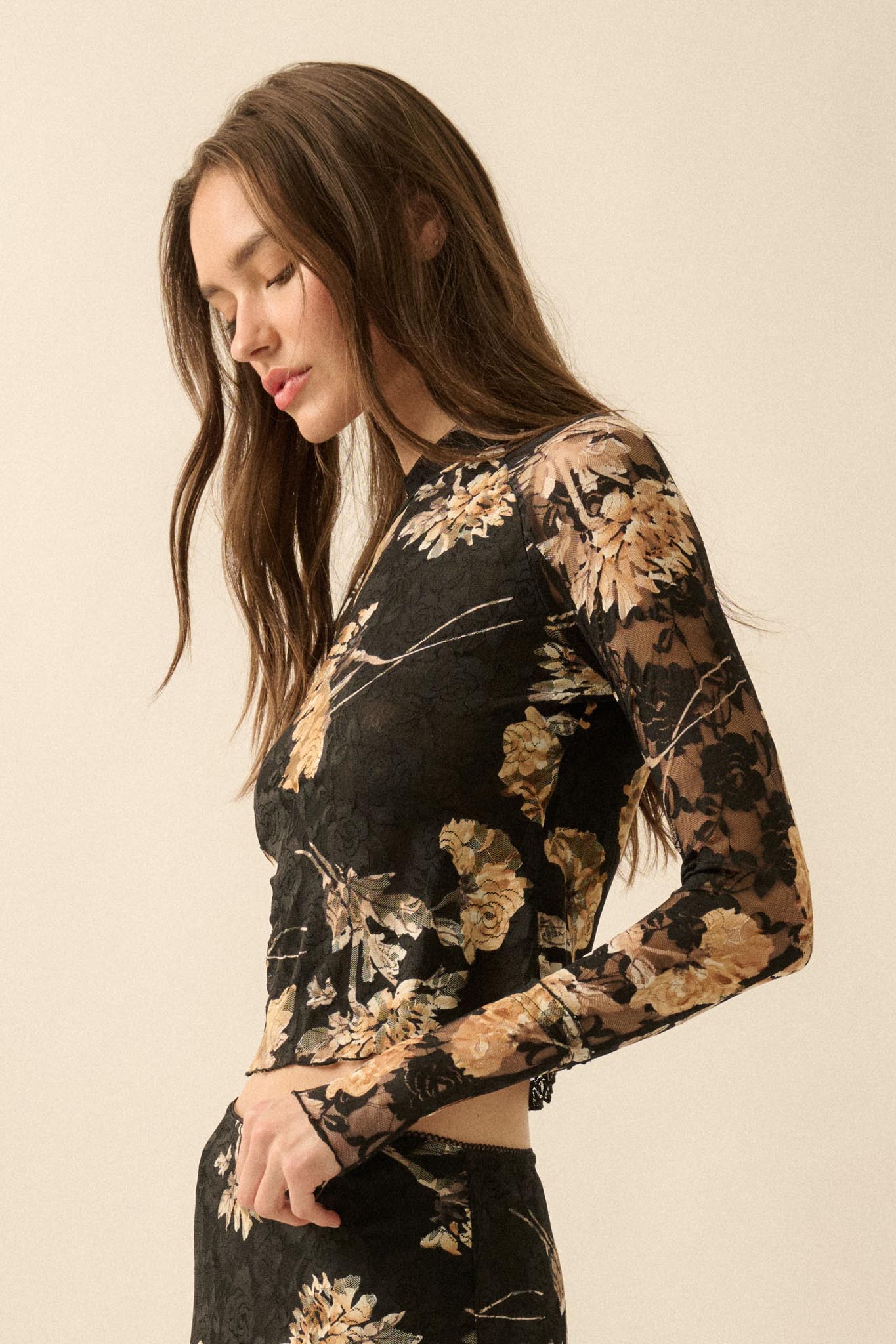 Timeless Blooms Printed Floral Lace Mock-Neck Top