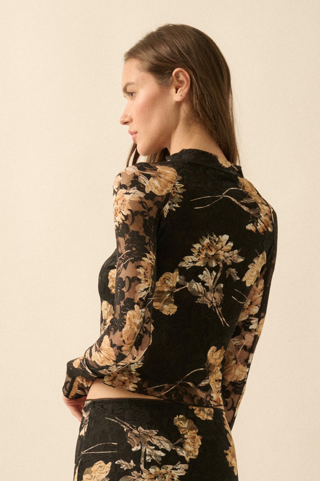 Timeless Blooms Printed Floral Lace Mock-Neck Top