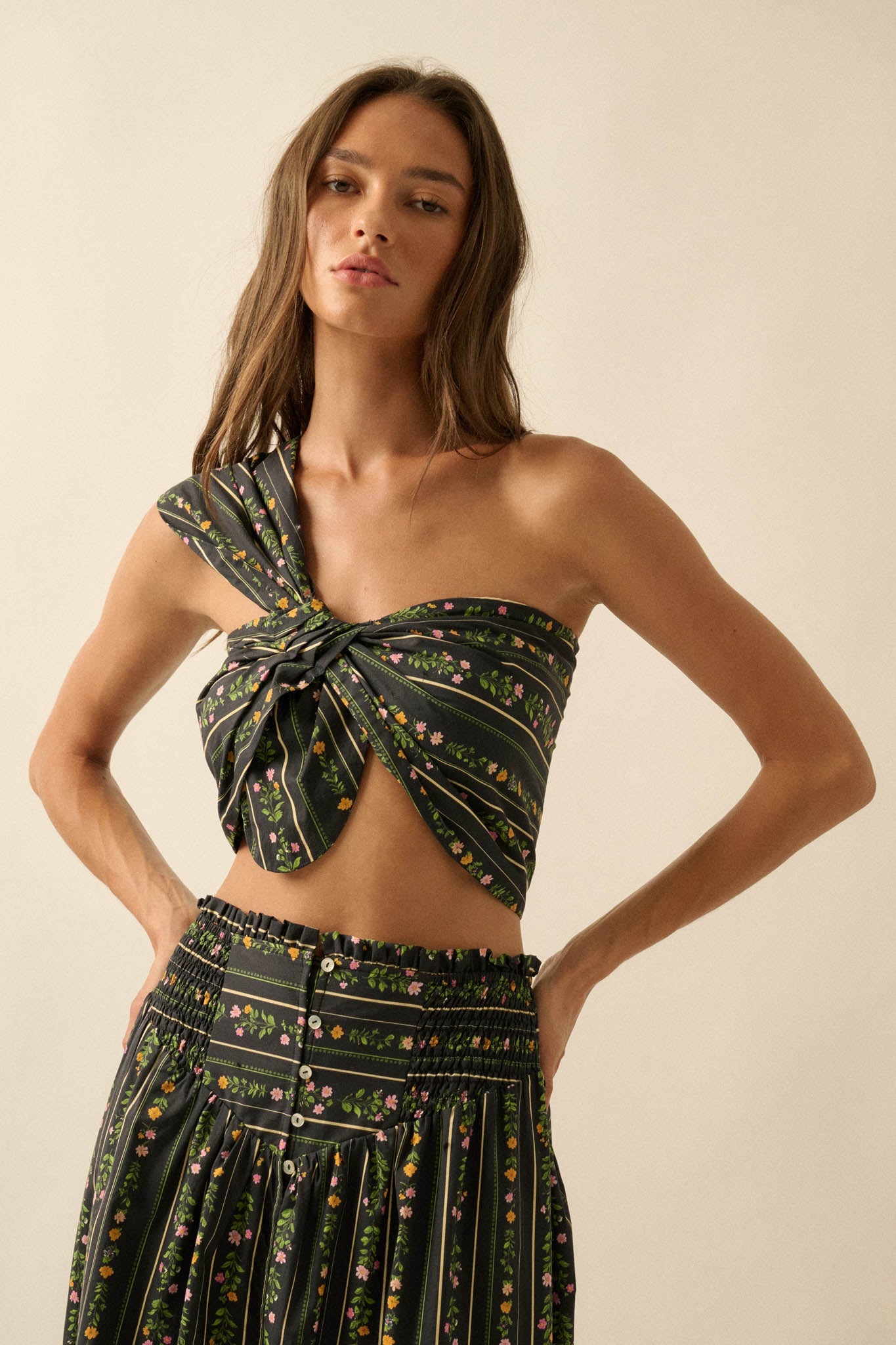 Wild Fields Floral-Stripe One-Shoulder Bandeau Top