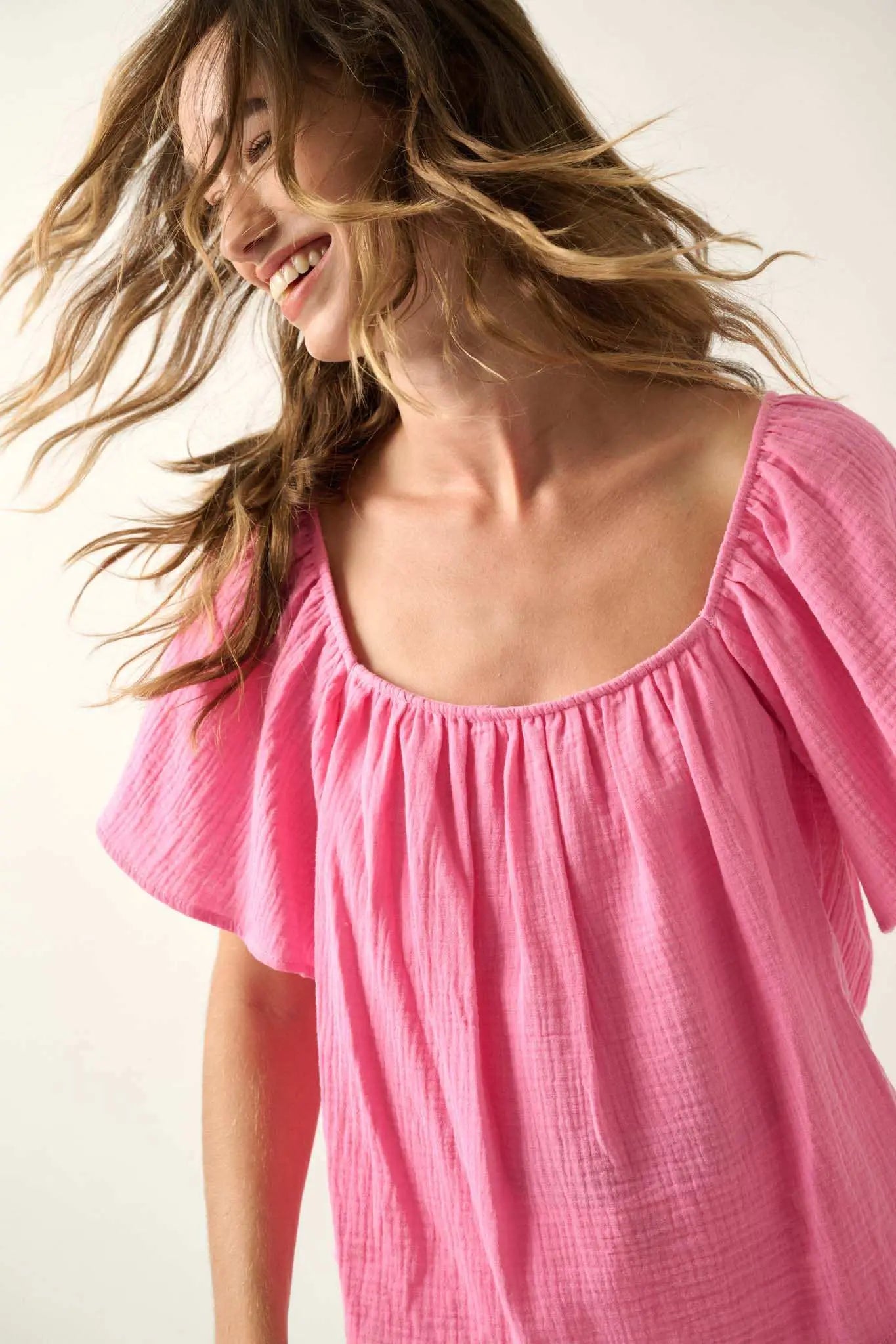 Touch of Love Crinkle Cotton Tie-Back Babydoll Top