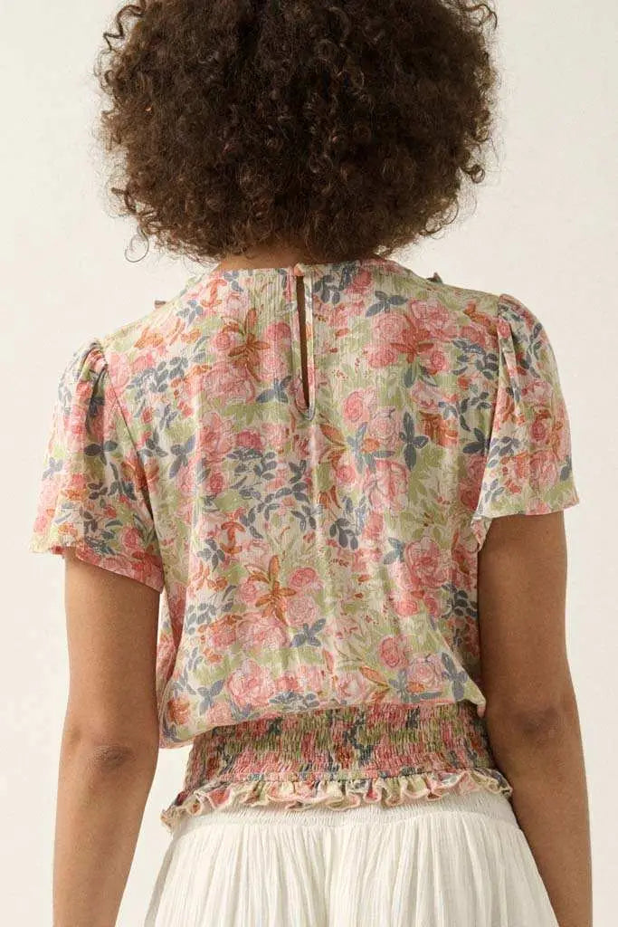 Watercolor Daydream Ruffled Floral Crepe Blouse