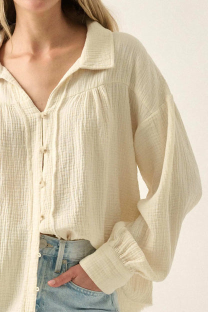 Wild Oats Crinkle Cotton Raw-Edge Button-Up Shirt