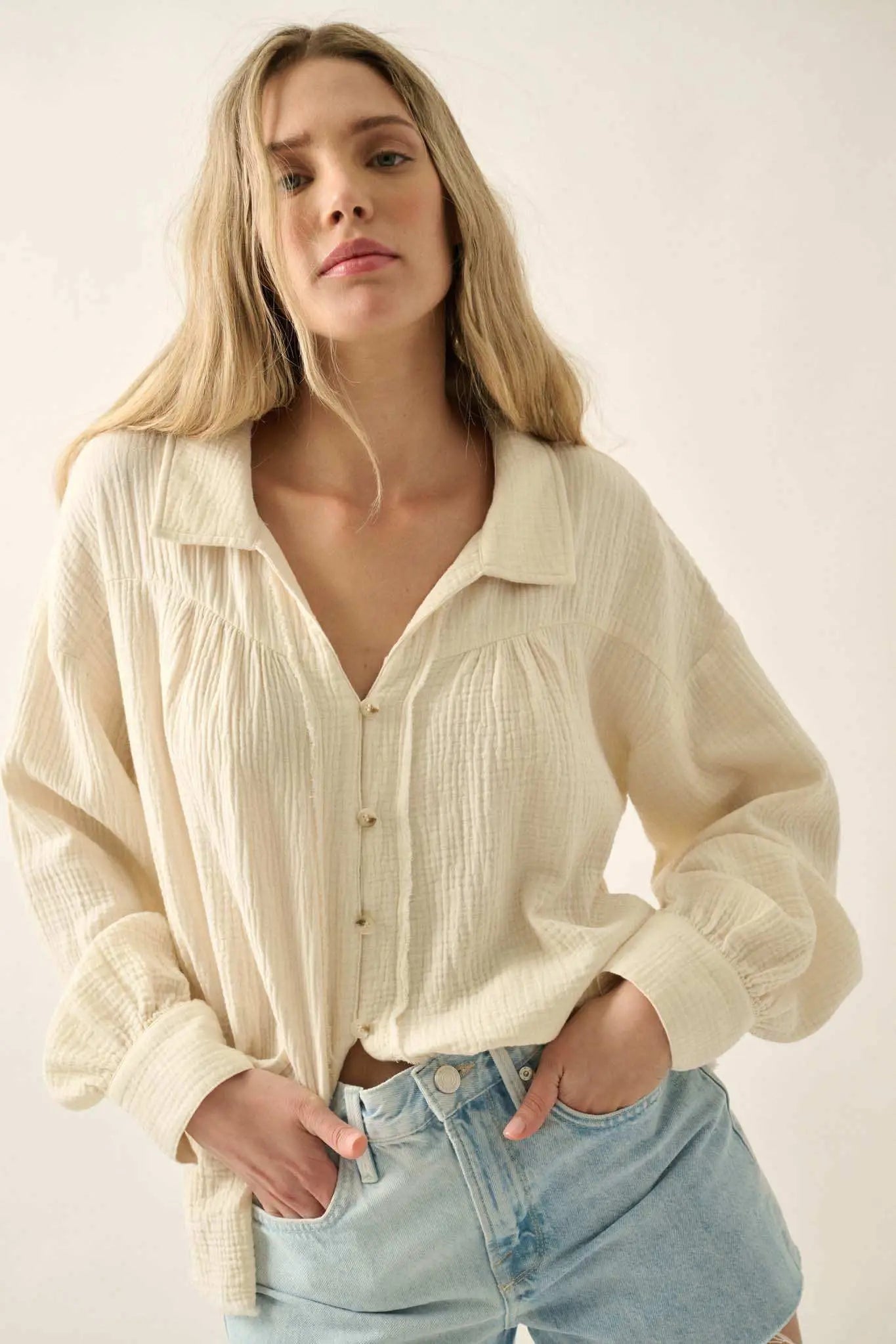 Wild Oats Crinkle Cotton Raw-Edge Button-Up Shirt