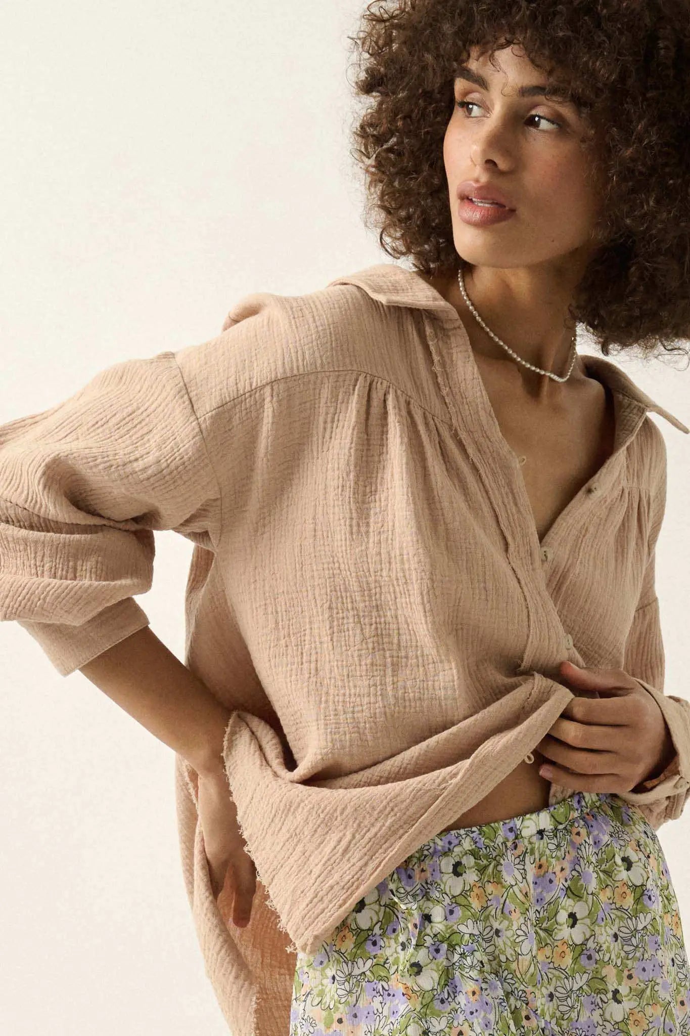 Wild Oats Crinkle Cotton Raw-Edge Button-Up Shirt