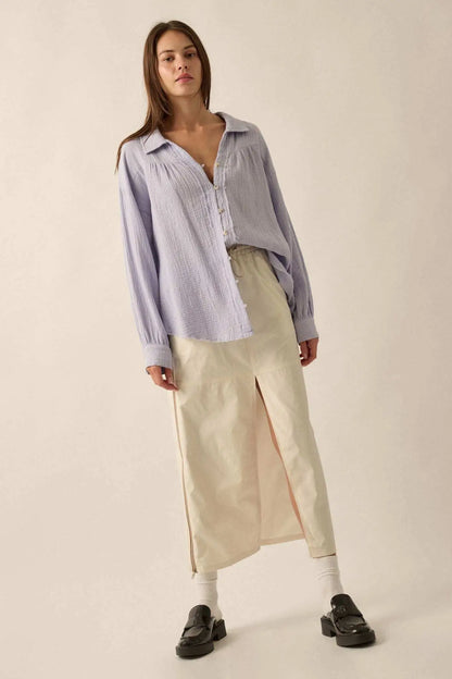 Wild Oats Crinkle Cotton Raw-Edge Button-Up Shirt