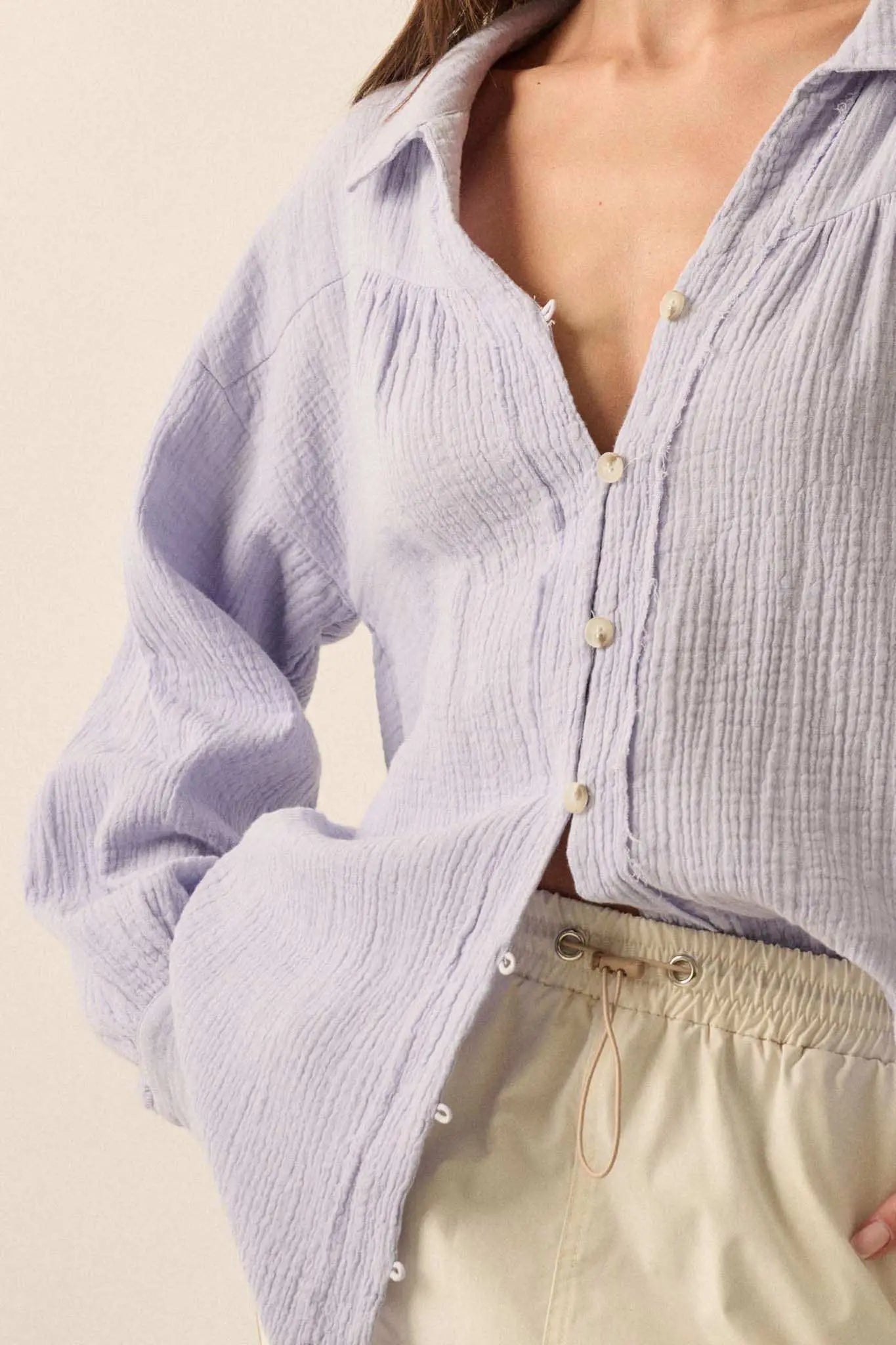Wild Oats Crinkle Cotton Raw-Edge Button-Up Shirt