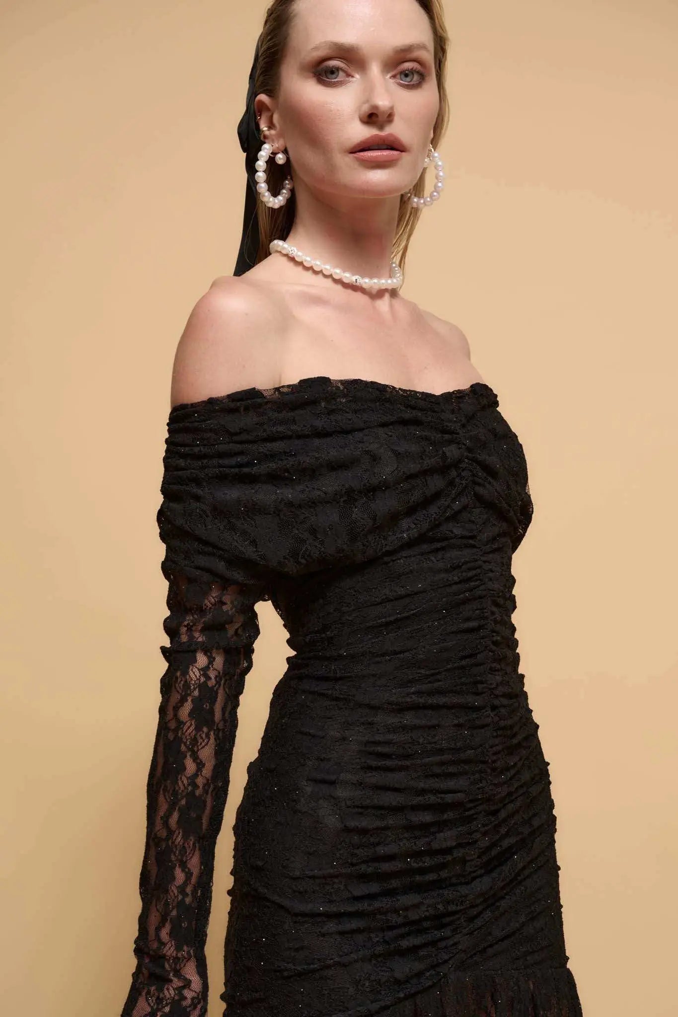 Starlit Romance Studded Lace Off-Shoulder Dress