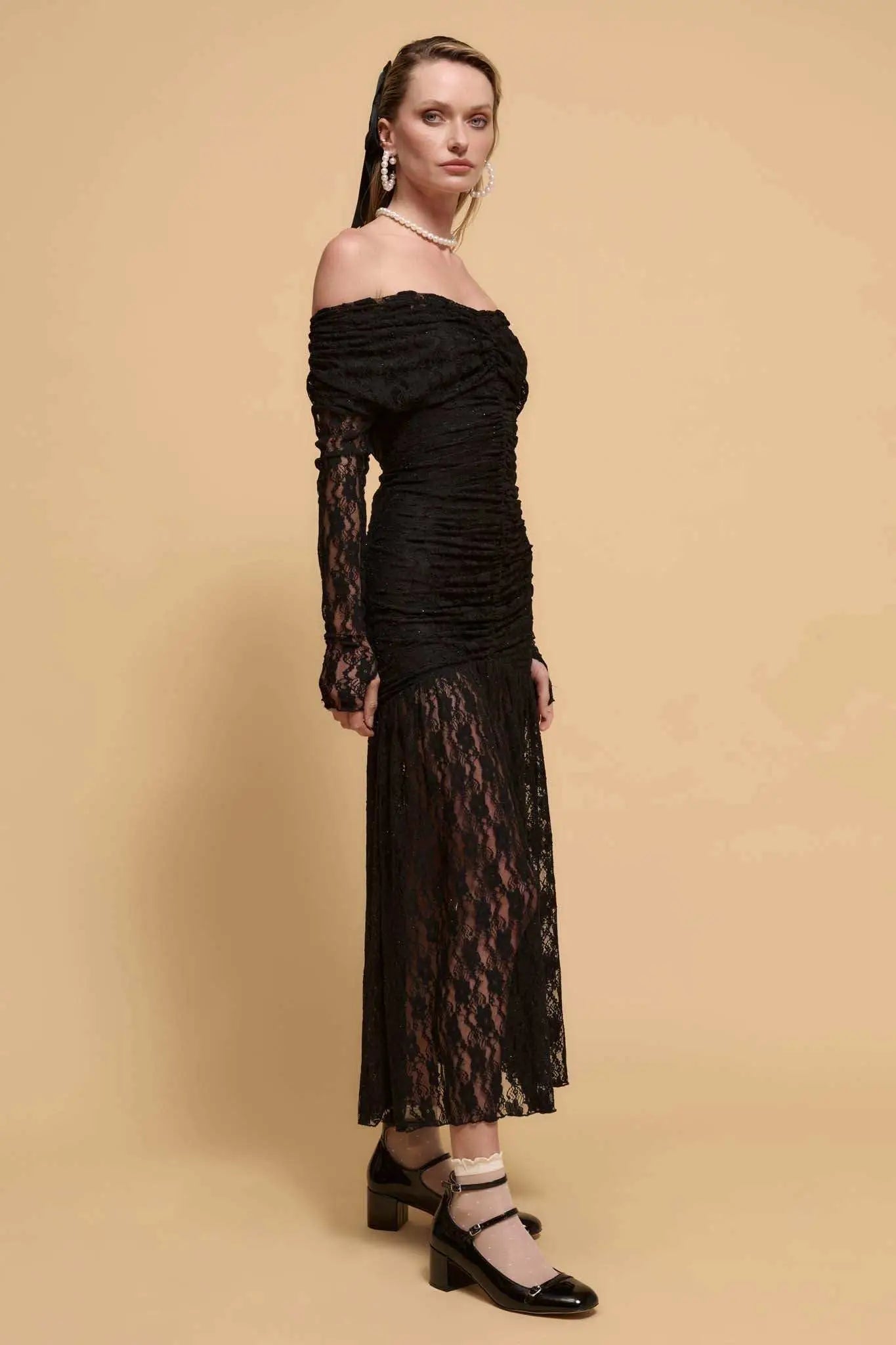 Starlit Romance Studded Lace Off-Shoulder Dress