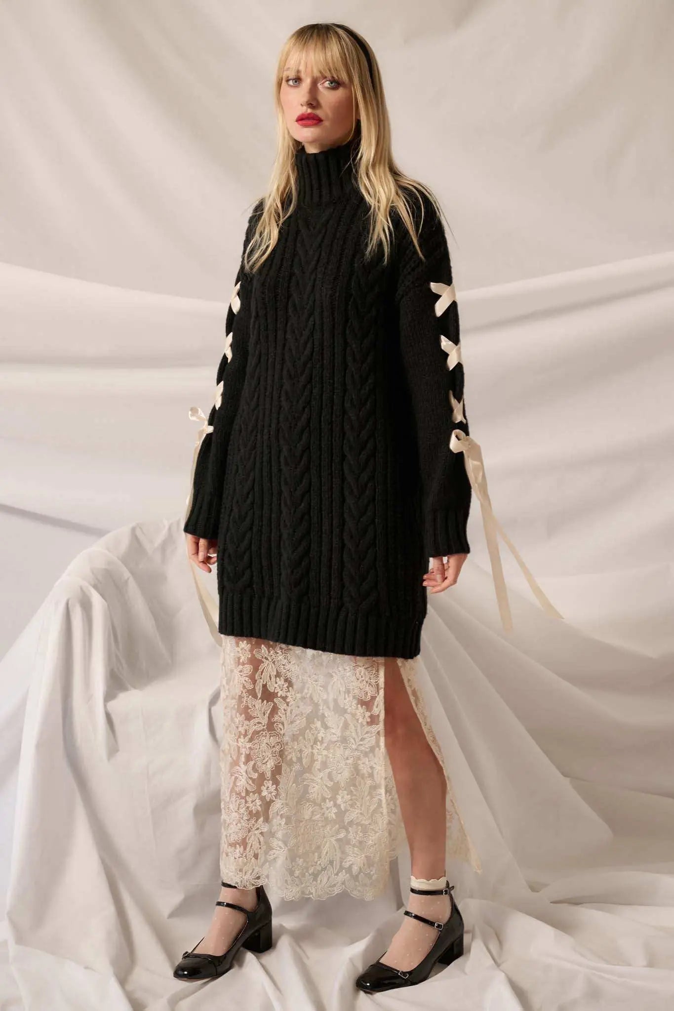 With a Kiss Ribbon-Sleeve Turtleneck Sweater Dress