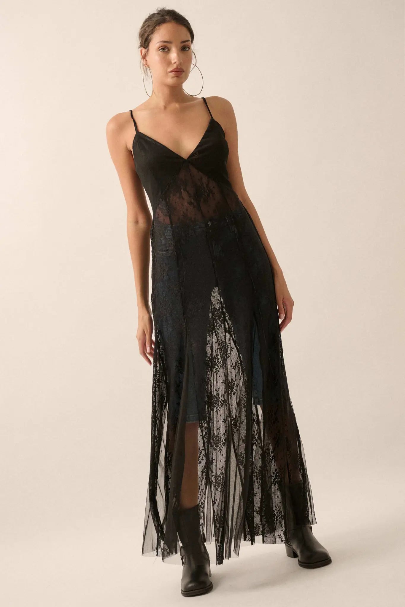 Whisper to Me Sheer Floral Lace Pleated Maxi Dress