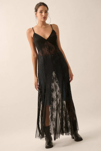 Whisper to Me Sheer Floral Lace Pleated Maxi Dress