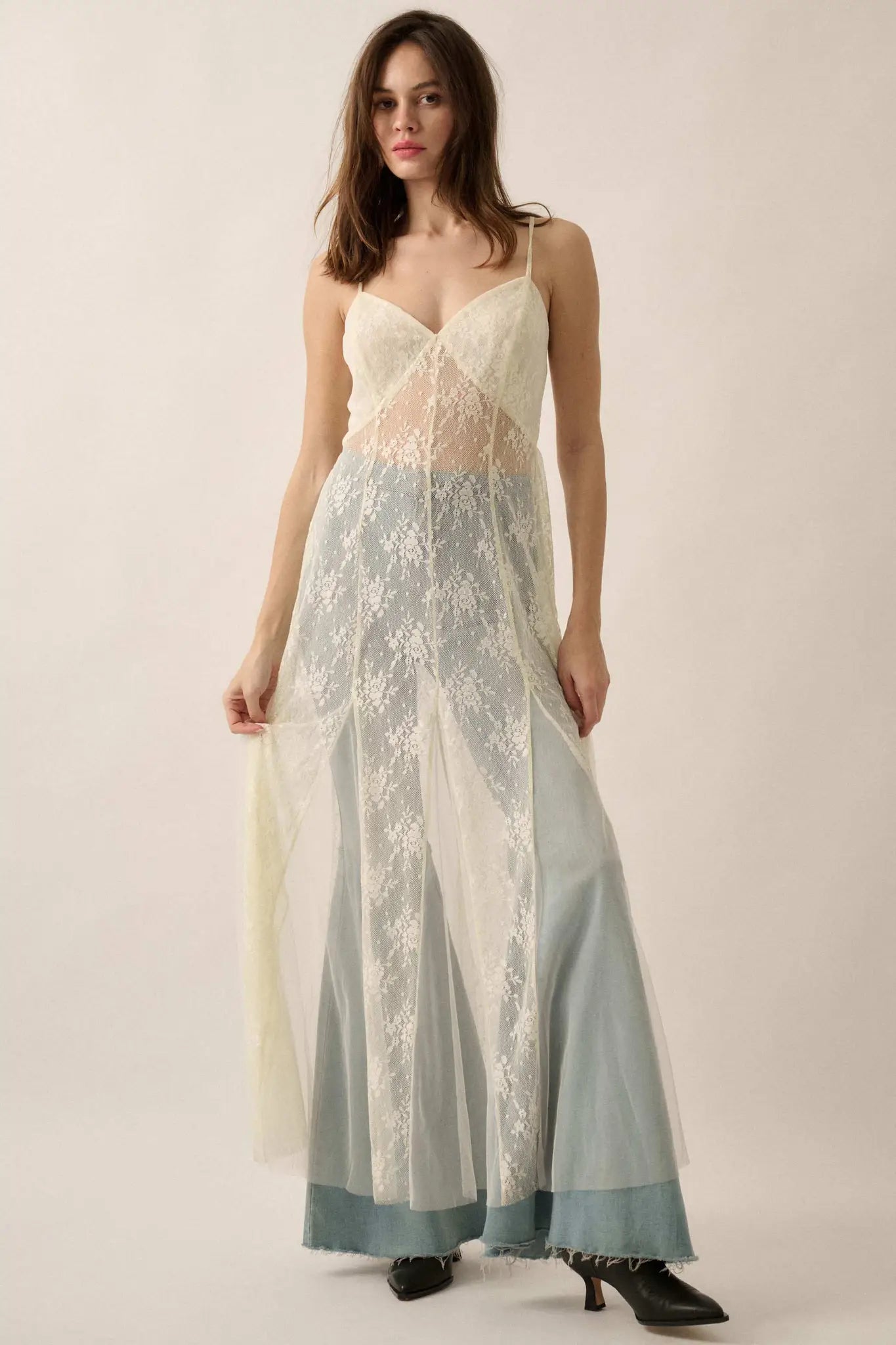 Whisper to Me Sheer Floral Lace Pleated Maxi Dress