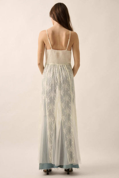 Whisper to Me Sheer Floral Lace Pleated Maxi Dress