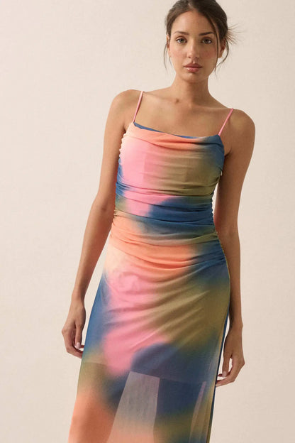 True Colors Tie-Dye Mesh Ruched Corset Maxi Dress