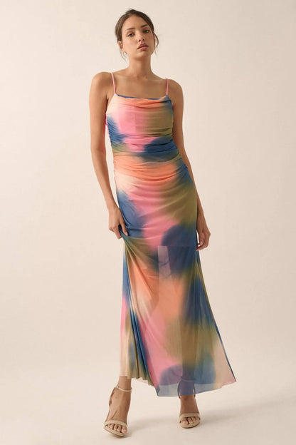 True Colors Tie-Dye Mesh Ruched Corset Maxi Dress