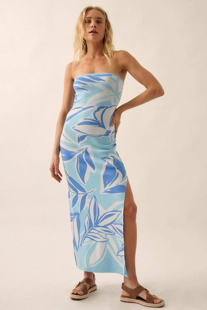 Tropical Chill Floral Strapless Maxi Sweater Dress